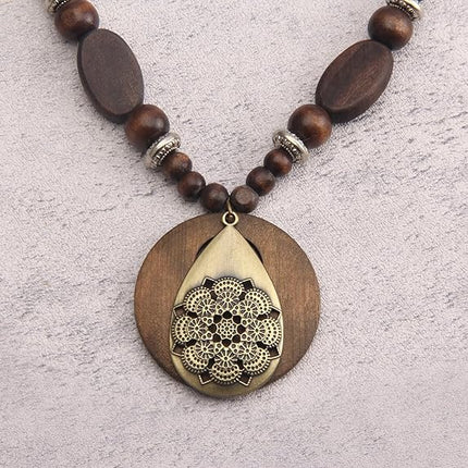 Bjesinmo Long Necklaces for Women Boho Wooded Pendant Vintage Necklace Sweater Chain Necklace Handmade Jewelry