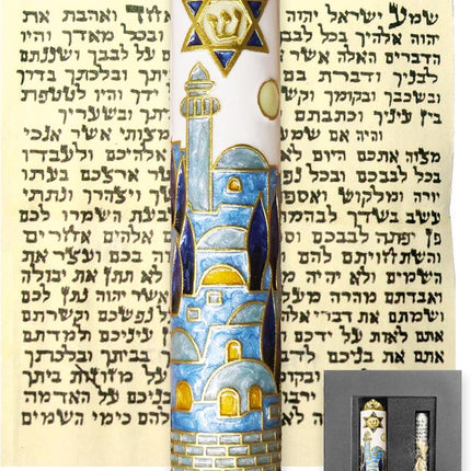 Enamel Mezuzah with Scroll for Door, Easy 2-Way Install, 4”