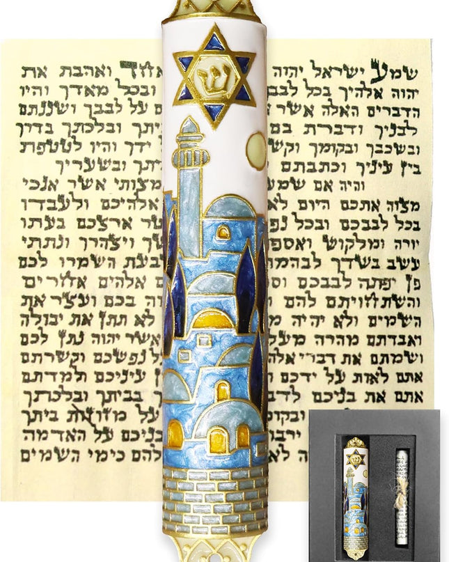 Enamel Mezuzah with Scroll for Door, Easy 2-Way Install, 4”