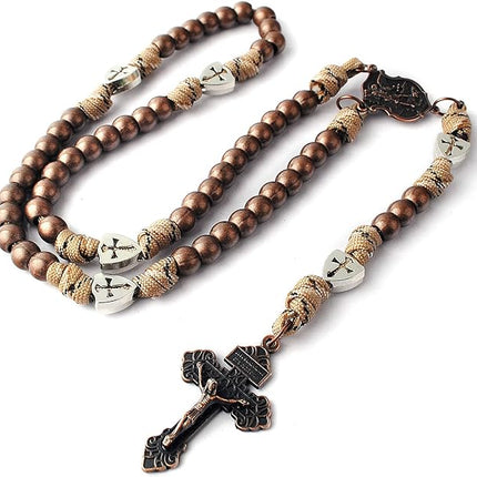 Large and Heavy Antique Bronze Metal Beads Rugged Durable Paracord Rosary Necklace with St.Michael Center Piece and Pardon Crucifix for Men