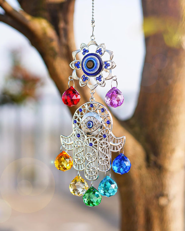 Hamsa Hand with Blue Evil Eye Protection Hanging Crystal Ornament with Chakra Energy Crystal Balls