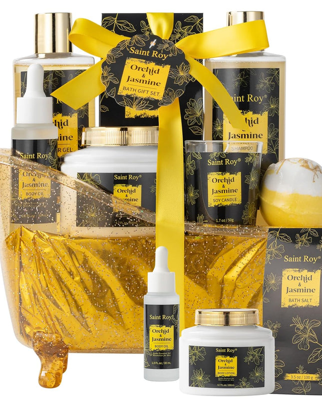 Spa Gift Basket, Orchid Jasmine Spa Basket bath and body gift basket with Shower Gel, Bath Bomb, Bath Salts, Jojoba Oil & Lip Balm, Birthday Holiday Home Spa Gifts for Women & Men Fathers Mother day