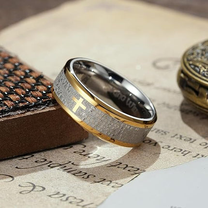King Will Stainless Steel Men Ring 8mm Lord's Prayer Cross Ring Stainless Steel Men Wedding Ring, Gold/Silver/Black Wedding Band Bible Engraved Rings High Polished, Comfort Fit Size 7-14