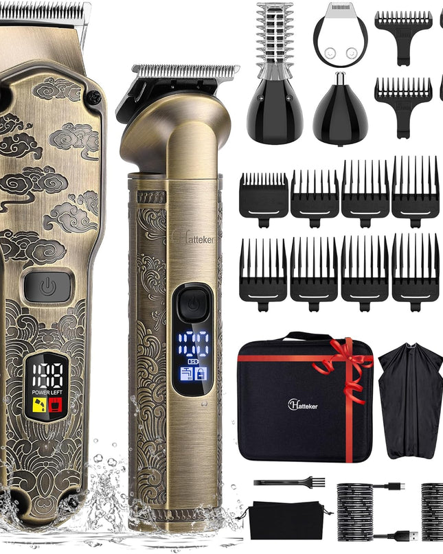 Hatteker Professional Hair Clippers for Men Beard Trimmer Clippers and Trimmer Set Waterproof T-Blade Trimmer Cordless Grooming Kit Nose Body Hair Trimmer Barber Clippers Hair Cutting Kit