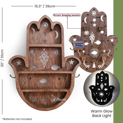 TAMIM CRAFTS Wooden Hamsa Shelf for Crystals- Large 20 Inch Crystal Display Shelf for Stones, Crystal Holder Shelf, Essential Oil Display, Hand Crystal Shelf for Room Decor, Hamsa Wall Décor