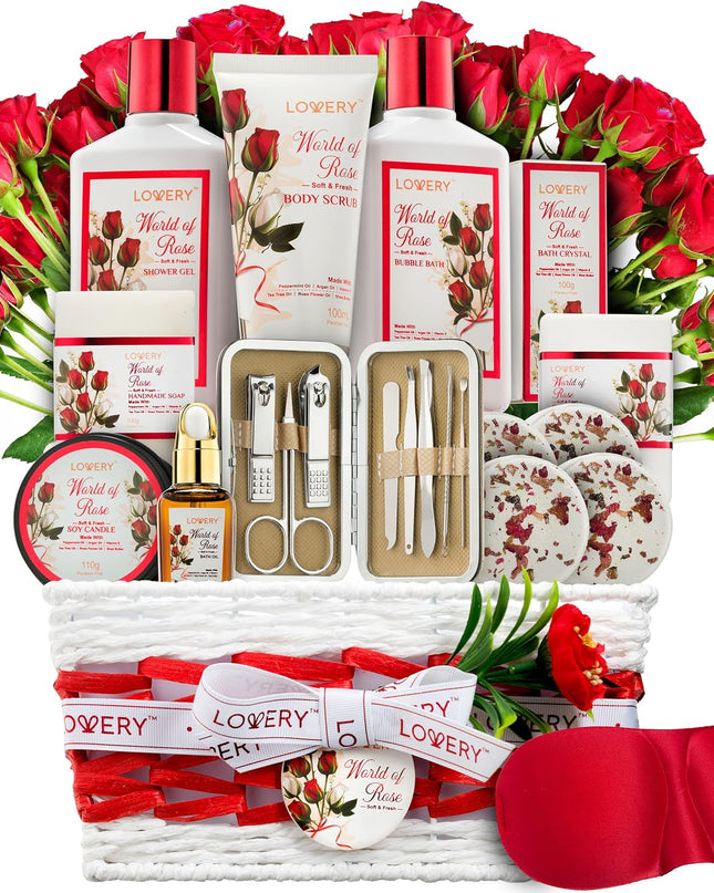 Christmas Gifts, Spa Gifts for Women, Bath and Body Gift Set, Red Rose Gift Basket, 35 Piece Stress Relief Spa Kit, Thank You, Birthday, Mom - Nail Care Kit, Body Scrub, Bubble Bath, Bath Bomb & More