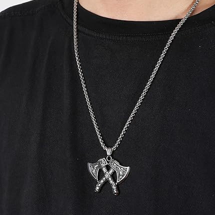 HAQUIL Viking Battle Axe Necklace, Norse Wolf Raven Axe Amulet Pendant, Viking Jewelry Gift for Men
