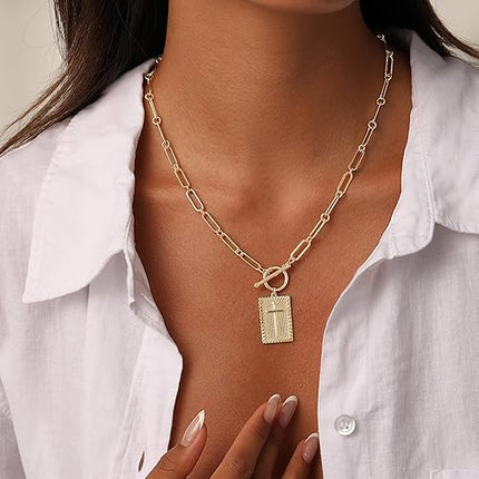 Moodear Cross Necklace for Women Trendy Chunky 14K Gold Plated/Silver Plated Cross Pendant Necklace Toggle Clasp Paperclip Chain Dainty Charm Necklace Fashion Religious Simple Jewelry Christian Christmas Gifts for Women
