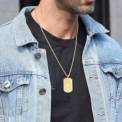 DuoDiner American Dog Tag Necklace Bible Verse Pendant, Men Boys Kids Stainless Steel Cross Patriotic Flag Christmas Jewelry Gift 24 Inches Chain
