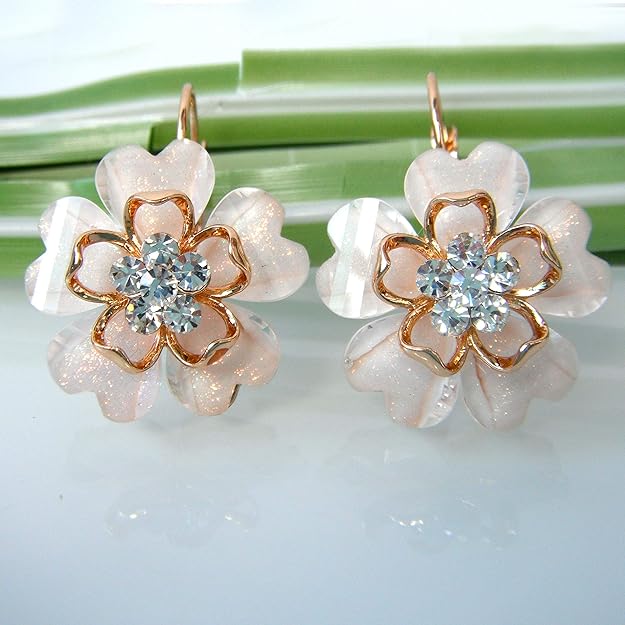 Navachi 18k Gold Plated White Crystal Acetate Blooming Flowers Leverback Earrings