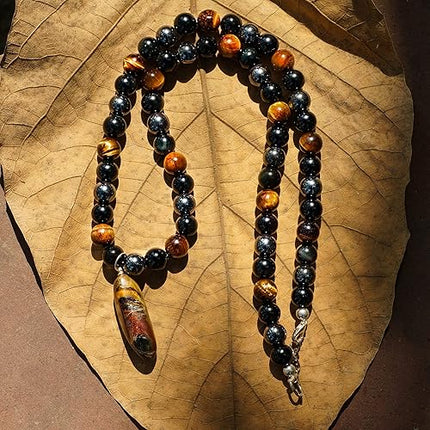 Triple Protection Beaded Necklace of Hematite, Tiger’s Eye & Obsidian with Tiger Stone Pendant