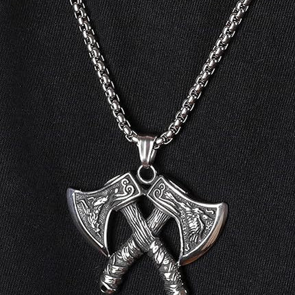 HAQUIL Viking Battle Axe Necklace, Norse Wolf Raven Axe Amulet Pendant, Viking Jewelry Gift for Men