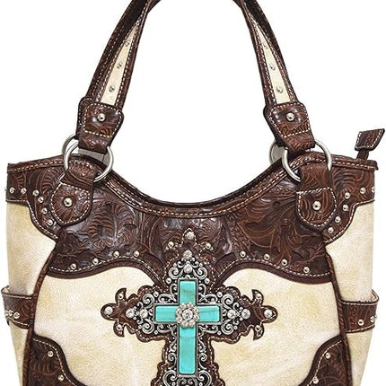 Western Style Rhinestone Cross Conchos Studded Women Purse Tooled Leather Handbag Country Shoulder Bag Trifold Wallet Set