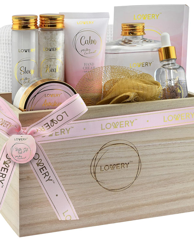 Christmas Gift Set - Home Spa Gift Basket with Milky Coconut Scent, Vitamin E & Shea Butter with Shower Gel, Bath Salt & Crystals, Body Scrub, Hand Cream, Body Oil, Bath Pillow, Wooden Crate & More