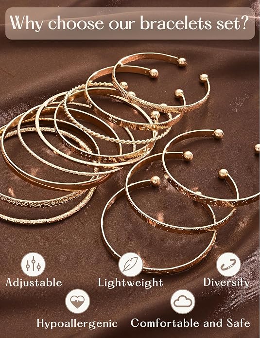 12Pcs Gold Bangle Bracelets for Women 14K Plated Adjustable Indian Boho Set