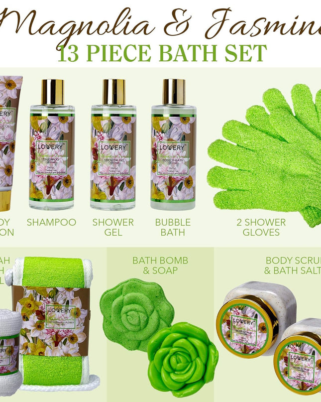 Christmas Gifts, Home Spa Gift Baskets For Women, Bath and Body Gift Basket, Magnolia & JasmineHome Spa Set, Fragrant Lotions, Bath Bomb, Towel, Shower Gloves, Green Wired Bread Basket & More,13Pcs
