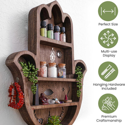 TAMIM CRAFTS Wooden Hamsa Shelf for Crystals- Large 20 Inch Crystal Display Shelf for Stones, Crystal Holder Shelf, Essential Oil Display, Hand Crystal Shelf for Room Decor, Hamsa Wall Décor