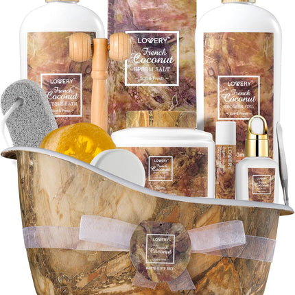 French Coconut Christmas Gift Baskets, Stress Relief Gifts, Gift Basket for Women & Men, Care Package Thank You Spa Gift Baskets for Women, Pumice Stone, Bubble Bath, Epsom Salt, Massage Roller More