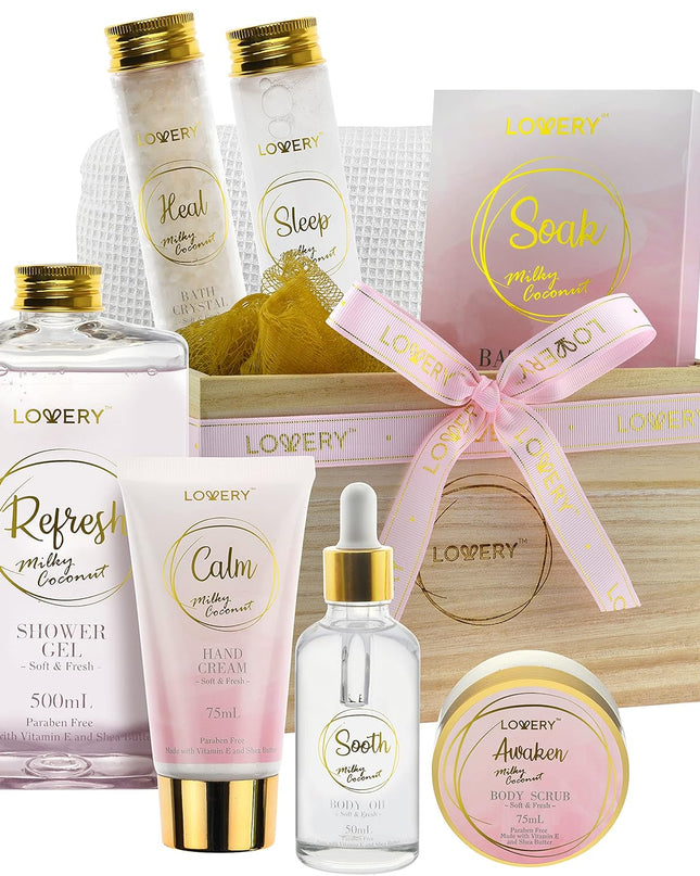 Christmas Gift Set - Home Spa Gift Basket with Milky Coconut Scent, Vitamin E & Shea Butter with Shower Gel, Bath Salt & Crystals, Body Scrub, Hand Cream, Body Oil, Bath Pillow, Wooden Crate & More