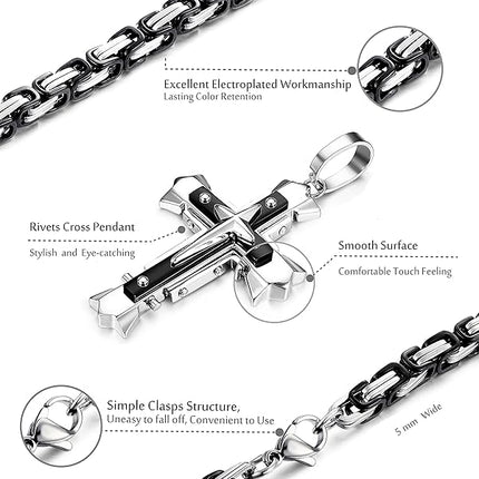 LOLIAS 5MM Stainless Steel Cross Pendant Necklace Men Byzantine Chain Necklace 22-30 Inches