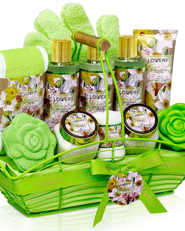 Christmas Gifts, Home Spa Gift Baskets For Women, Bath and Body Gift Basket, Magnolia & JasmineHome Spa Set, Fragrant Lotions, Bath Bomb, Towel, Shower Gloves, Green Wired Bread Basket & More,13Pcs