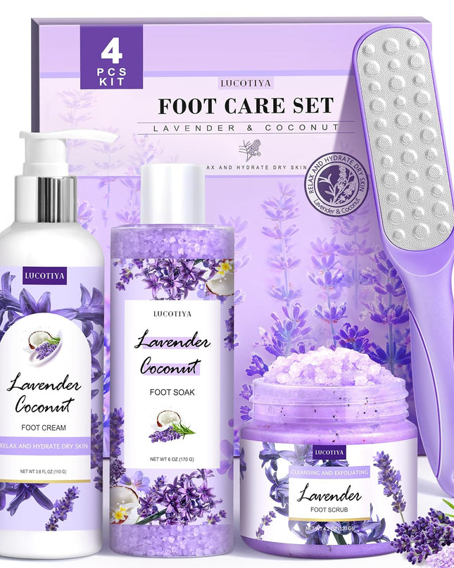 Lavender Foot Soak Set - Salts, Foot File, Scrub & Urea Cream Pedicure Supplies for Dry, Cracked Feet - Women's Spa Kit