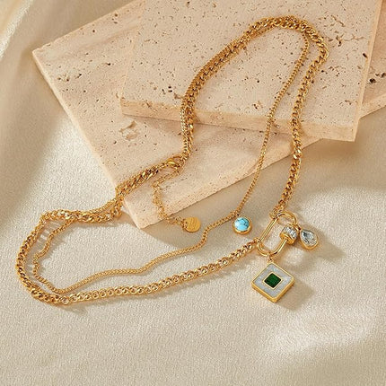 HETICA Gold Mother of Pearl Pendant Women Necklace, Double Layers Turquoise Cubic Zirconia Necklace Stainless Steel Delicate Fashionable Collar Chain Gift