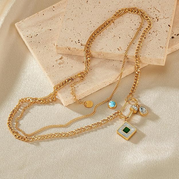 HETICA Gold Mother of Pearl Pendant Women Necklace, Double Layers Turquoise Cubic Zirconia Necklace Stainless Steel Delicate Fashionable Collar Chain Gift