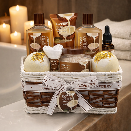 Bath and Body Gift Basket For Women and Men – 9 Piece Set of Vanilla Coconut Home Spa Set, Includes Fragrant Lotions, Extra Large Bath Bombs, Coconut Oil, Luxurious Bath Towel & More