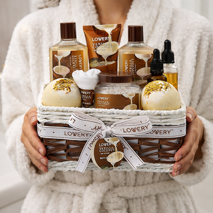 Bath and Body Gift Basket For Women and Men – 9 Piece Set of Vanilla Coconut Home Spa Set, Includes Fragrant Lotions, Extra Large Bath Bombs, Coconut Oil, Luxurious Bath Towel & More