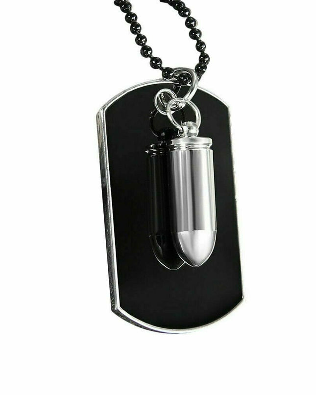 Men's Stainless Steel Black Bullet Dog Tag Pendant Necklace w Bead Chain