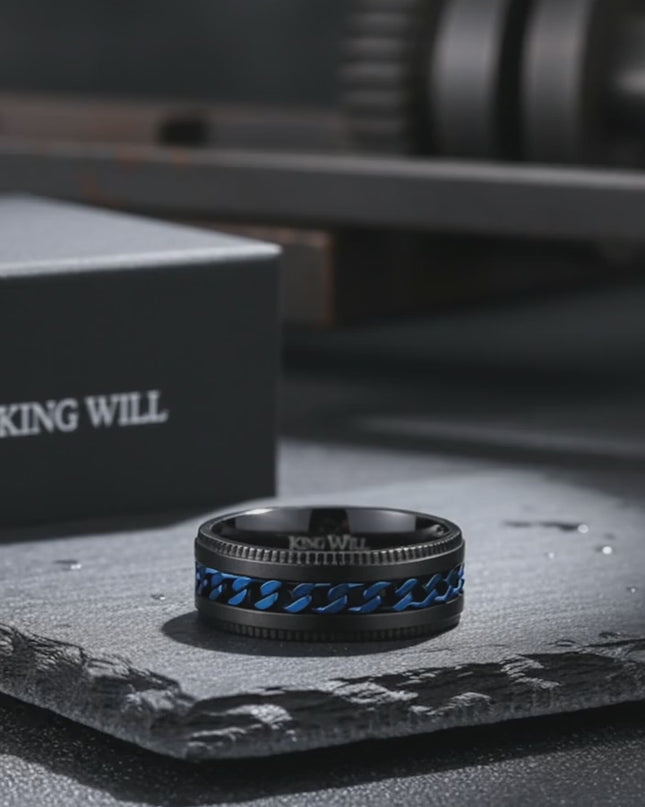 King Will 316L Stainless Steel Fidget Ring for Men-8mm Width with Stylish Chain Inlay Spinner Ring Stress Relief, Durable Wedding Band Comfort Fit Size 6-10