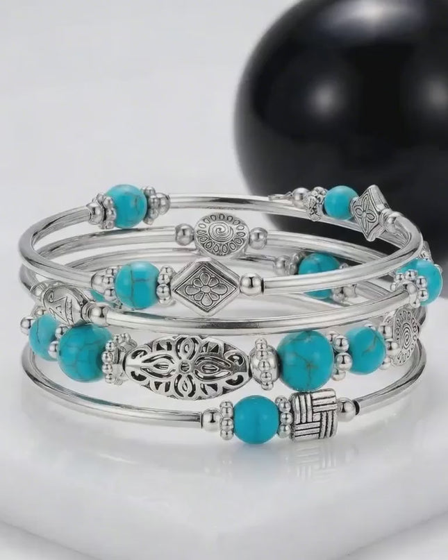Layered Wrap Bangle Turquoise Bracelet - Bead Bracelet with Natural Agate Stone, Gifts For Women