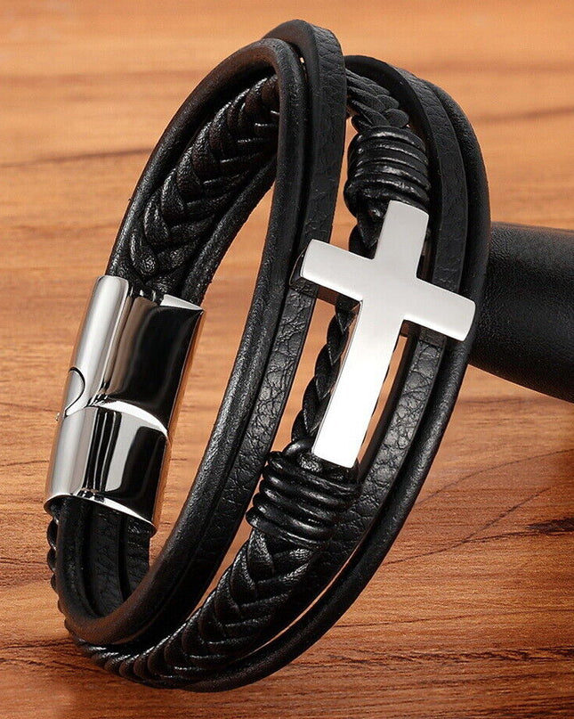 Cross Multi Layer Stainless Steel Fashion Men's Leather Bracelet Classic
