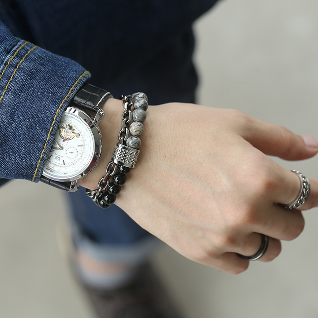 Natural Map Stone Men's Beaded Stainless Steel Bracelets Jewelry