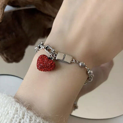 Women S925 Silver Charm Chunky Bracelet Silver Bracelet Red Heart Bracelet