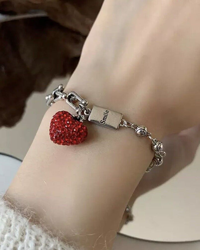 Women S925 Silver Charm Chunky Bracelet Silver Bracelet Red Heart Bracelet