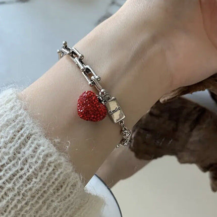 Women S925 Silver Charm Chunky Bracelet Silver Bracelet Red Heart Bracelet