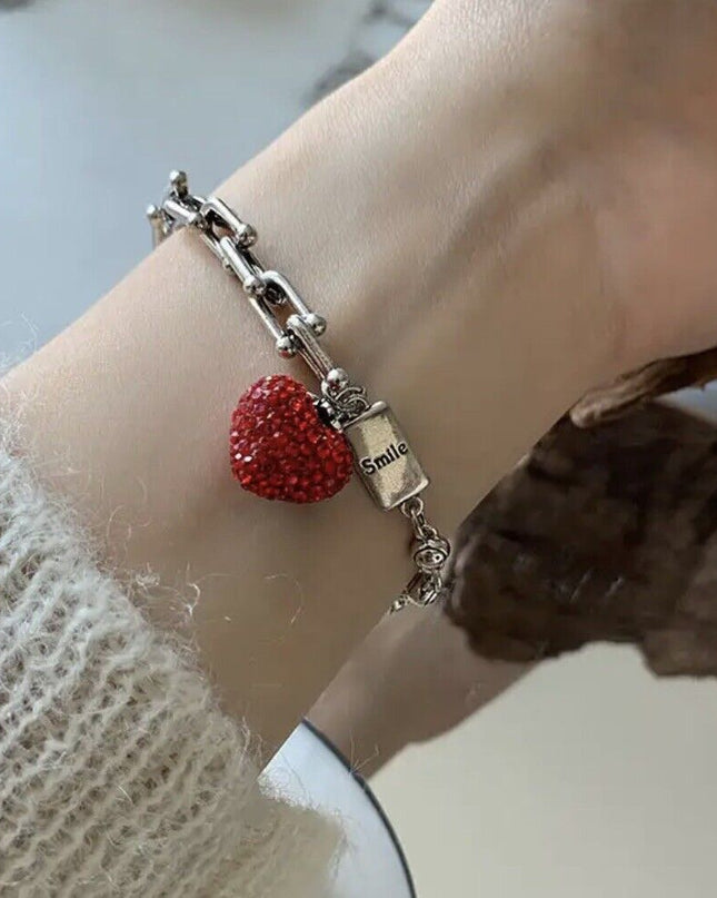 Women S925 Silver Charm Chunky Bracelet Silver Bracelet Red Heart Bracelet