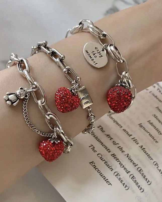 Women S925 Silver Charm Chunky Bracelet Silver Bracelet Red Heart Bracelet
