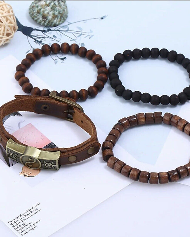 4pcs Bracelet Set for Men ,Women , Leather Tribal Beaded Cuff Wristband