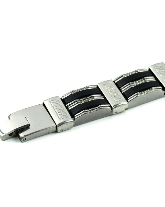 21' Black Silicone Silver Stainless Steel Chain Wristband Bracelet for Men Fashion