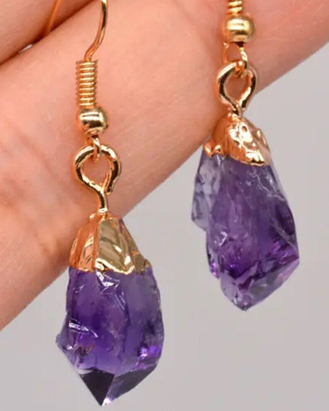 Natural Raw Amethyst Stone Dangle Earrings Purple Crystal Drop Earrings Handmade