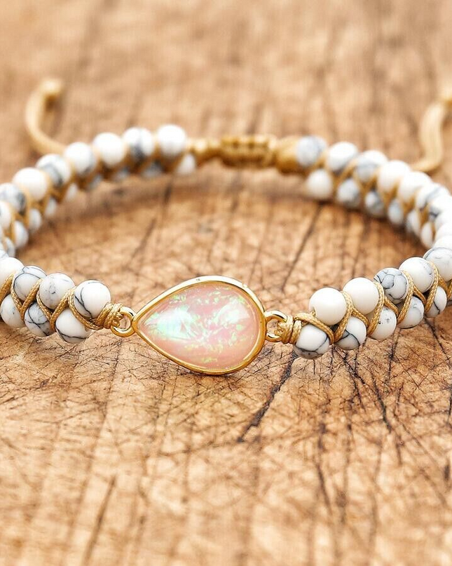 Natural Howlite Stone Braided Bracelet Opal Gemstone Teardrop Charm Bracelet