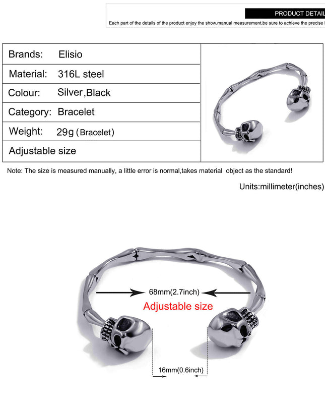 Men's Stainless Steel Skull Skeleton Bones Silver Cuff Bracelet Biker Jewelry