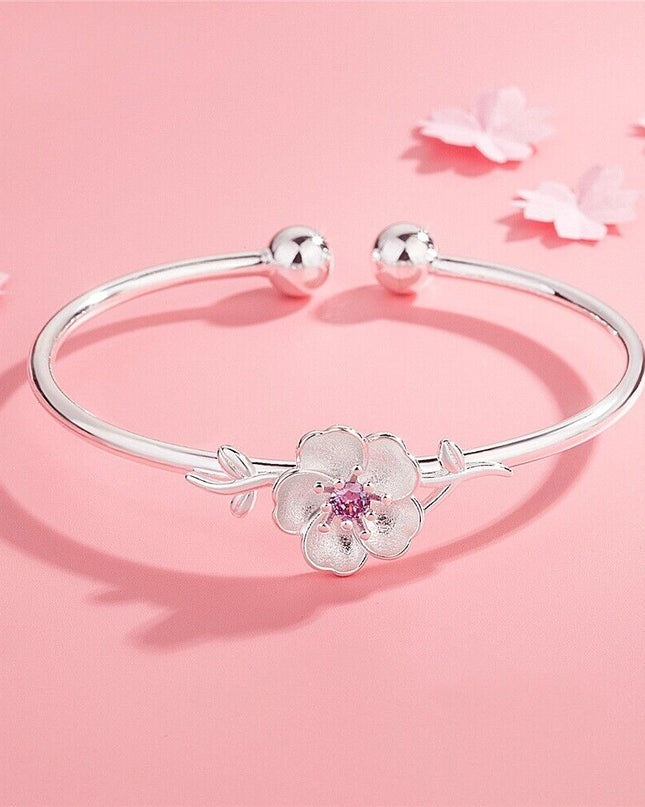 925 Sterling Silver Pink CZ Cherry Blossoms Bangle Bracelet