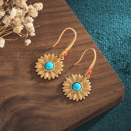 Bohemian Turquoise Drop Dangle Earrings Sunflower Hook 18K Gold Plated Gemstone