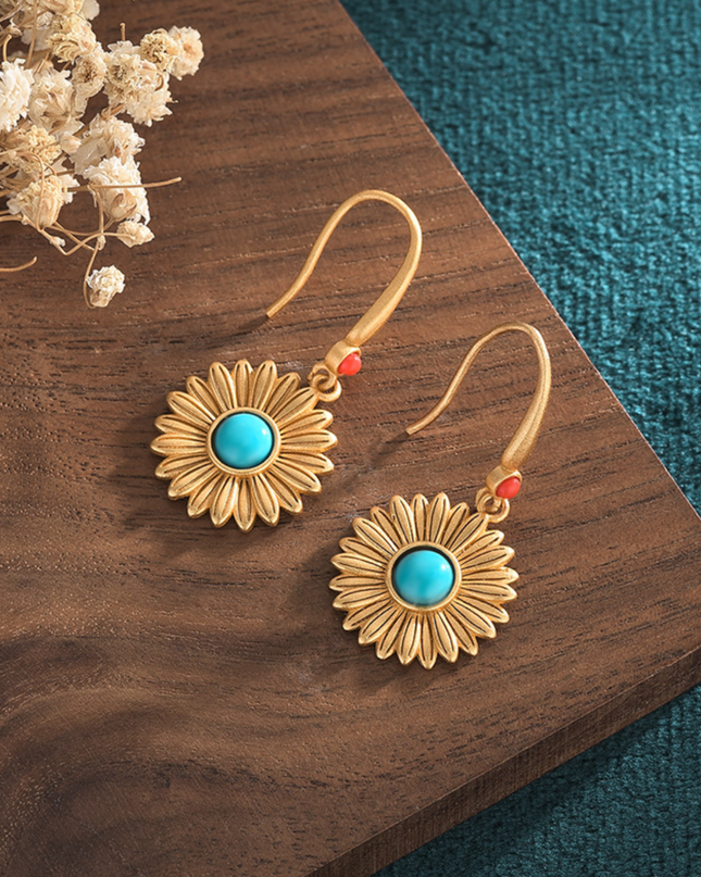 Bohemian Turquoise Drop Dangle Earrings Sunflower Hook 18K Gold Plated Gemstone