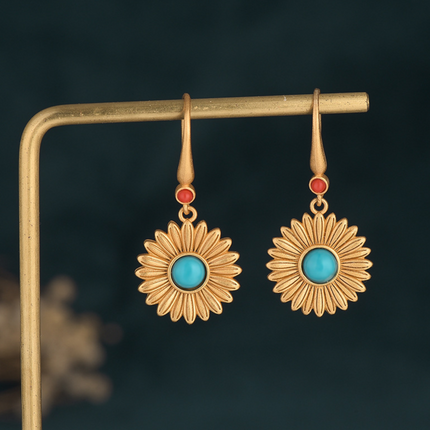 Bohemian Turquoise Drop Dangle Earrings Sunflower Hook 18K Gold Plated Gemstone