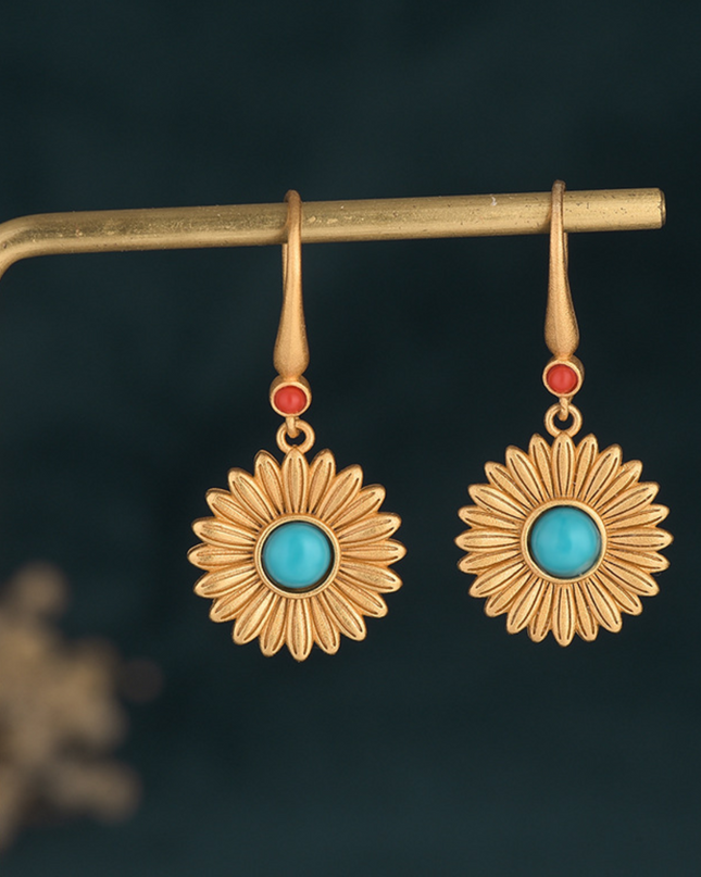Bohemian Turquoise Drop Dangle Earrings Sunflower Hook 18K Gold Plated Gemstone
